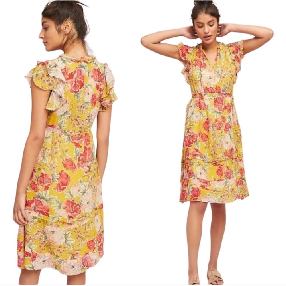 Anthropologie Yellow Floral Midi Dress with Pink & Cream Blooms